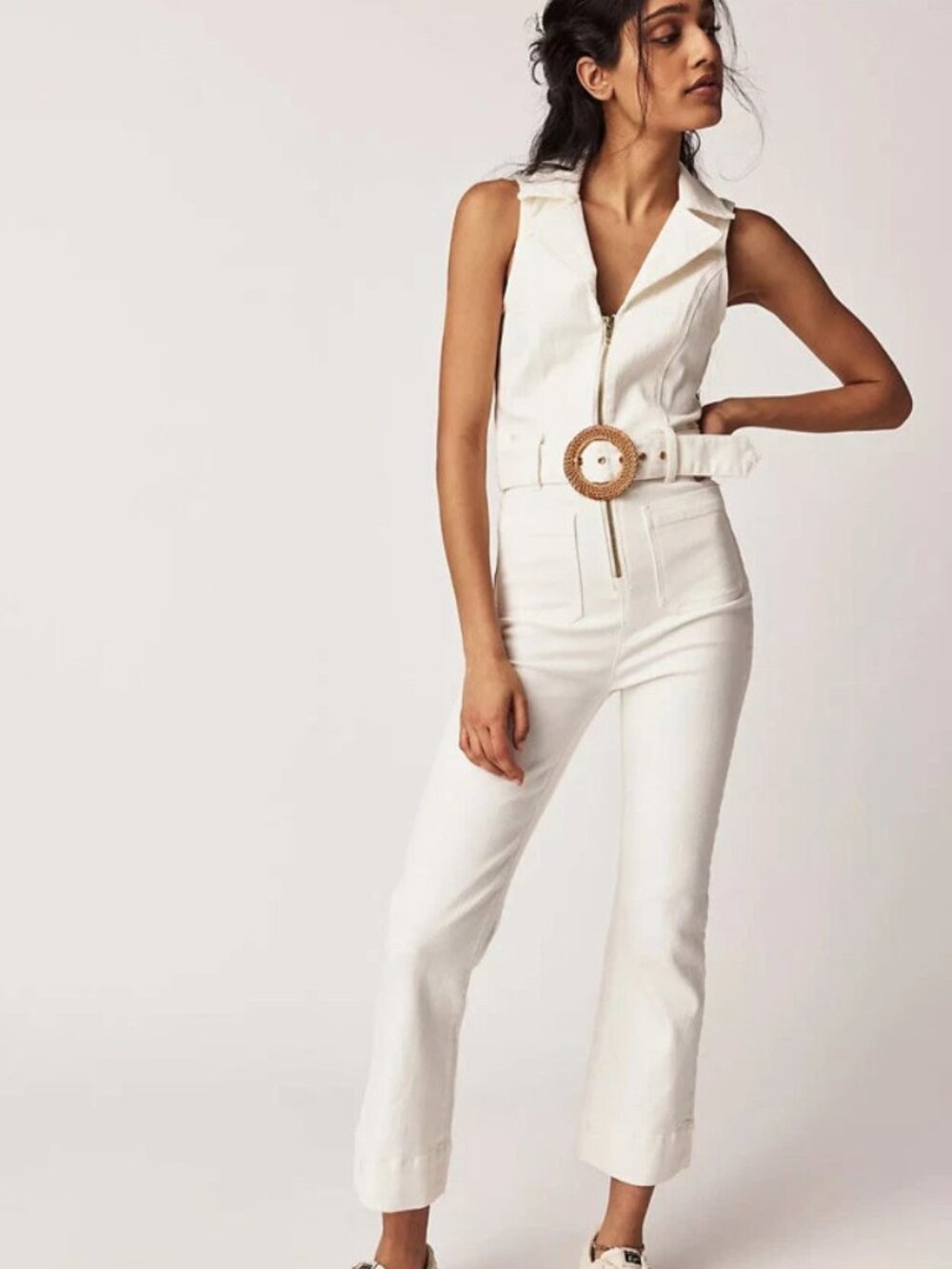 Show Me Your MuMu Belted Zip-Front Jumpsuit — White/Cream